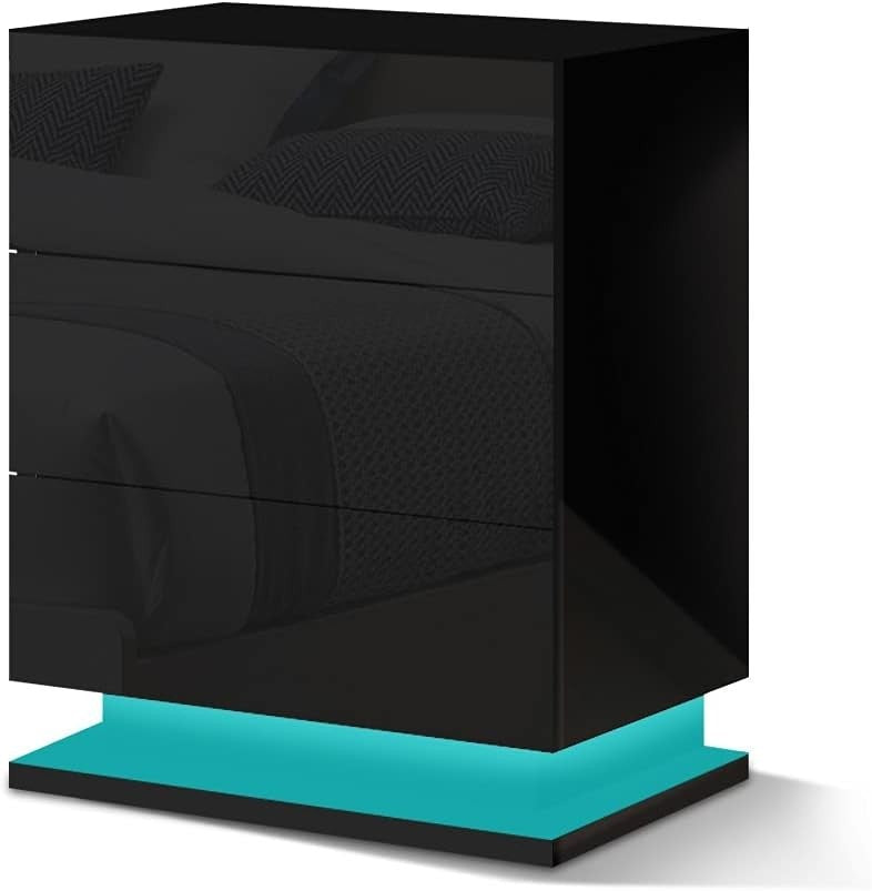 LED Bedside Table with 3 Drawers & RGB Lights | Black High Gloss Nightstand