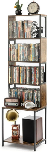 4 Tier CD DVD Storage Tower Media Shelf Adjustable Dividers Brown Wood