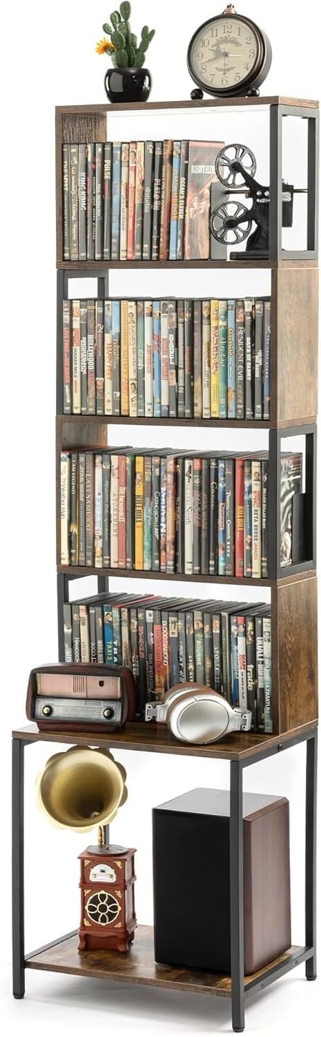 4 Tier CD DVD Storage Tower Media Shelf Adjustable Dividers Brown Wood