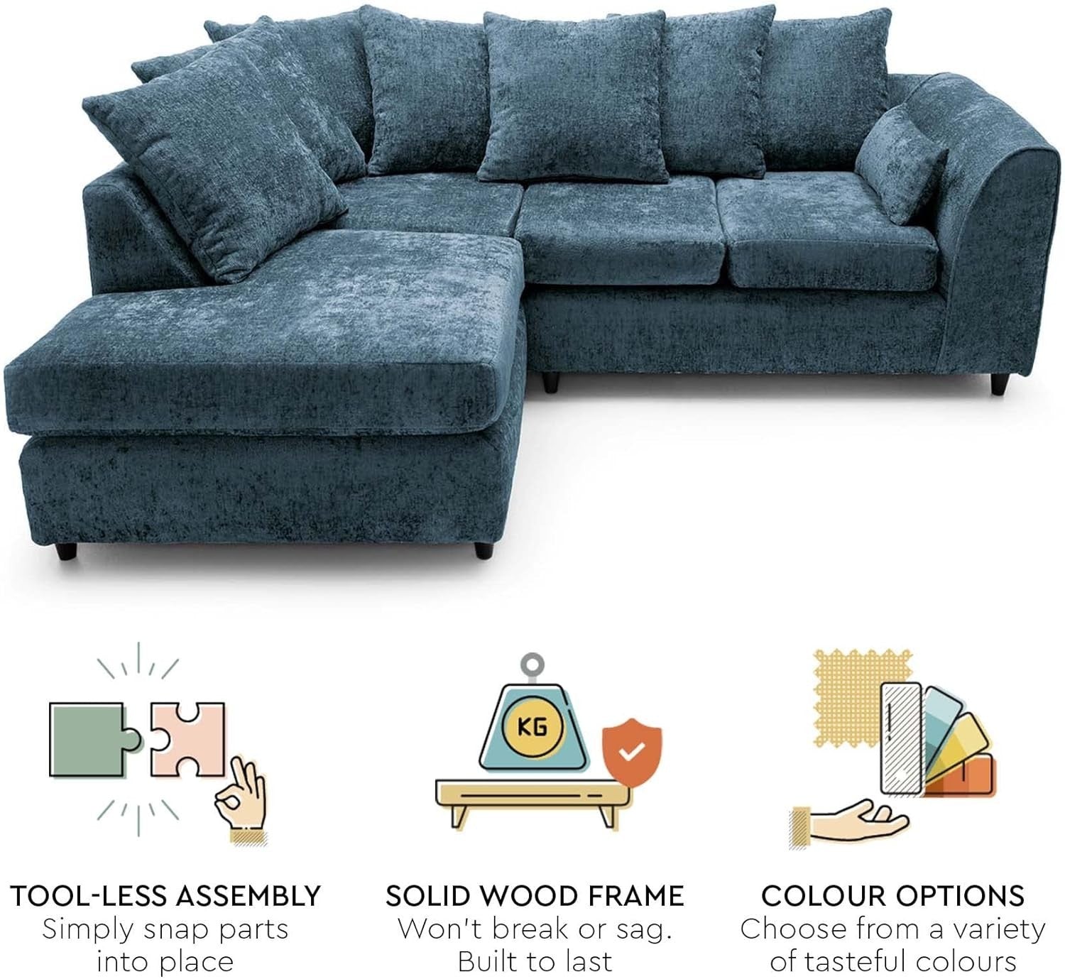 Dark Blue L Shaped Sofa Couch 4 Seater Crushed Velvet Corner Unit Modern
