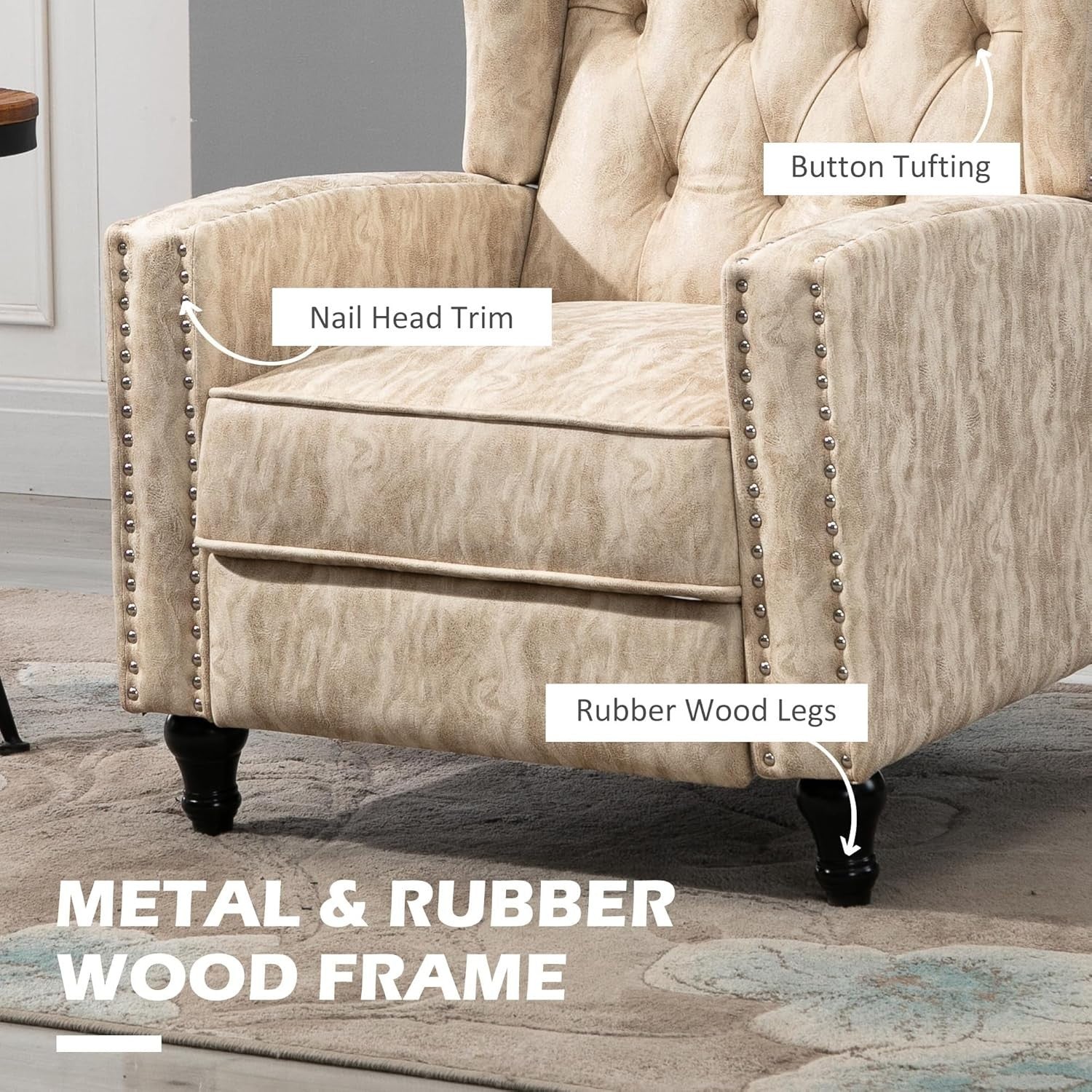 Beige Recliner Armchair with Footrest Wingback Tufted Chair Vintage Look