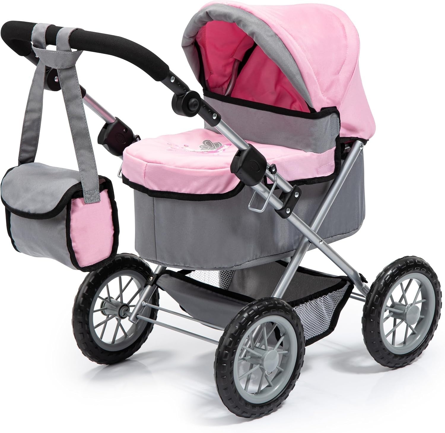 Dolls Pram Foldable Pushchair Adjustable Handle Basket Bag Toy 3+