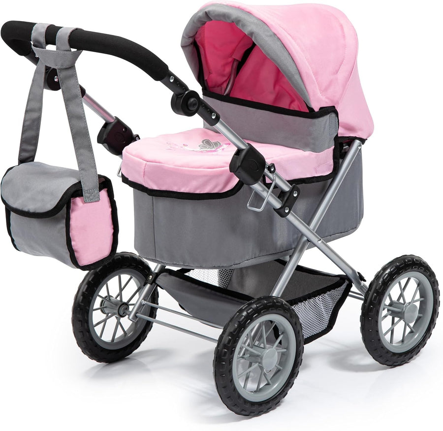 Dolls Pram Foldable Pushchair Adjustable Handle Basket Bag Toy 3+