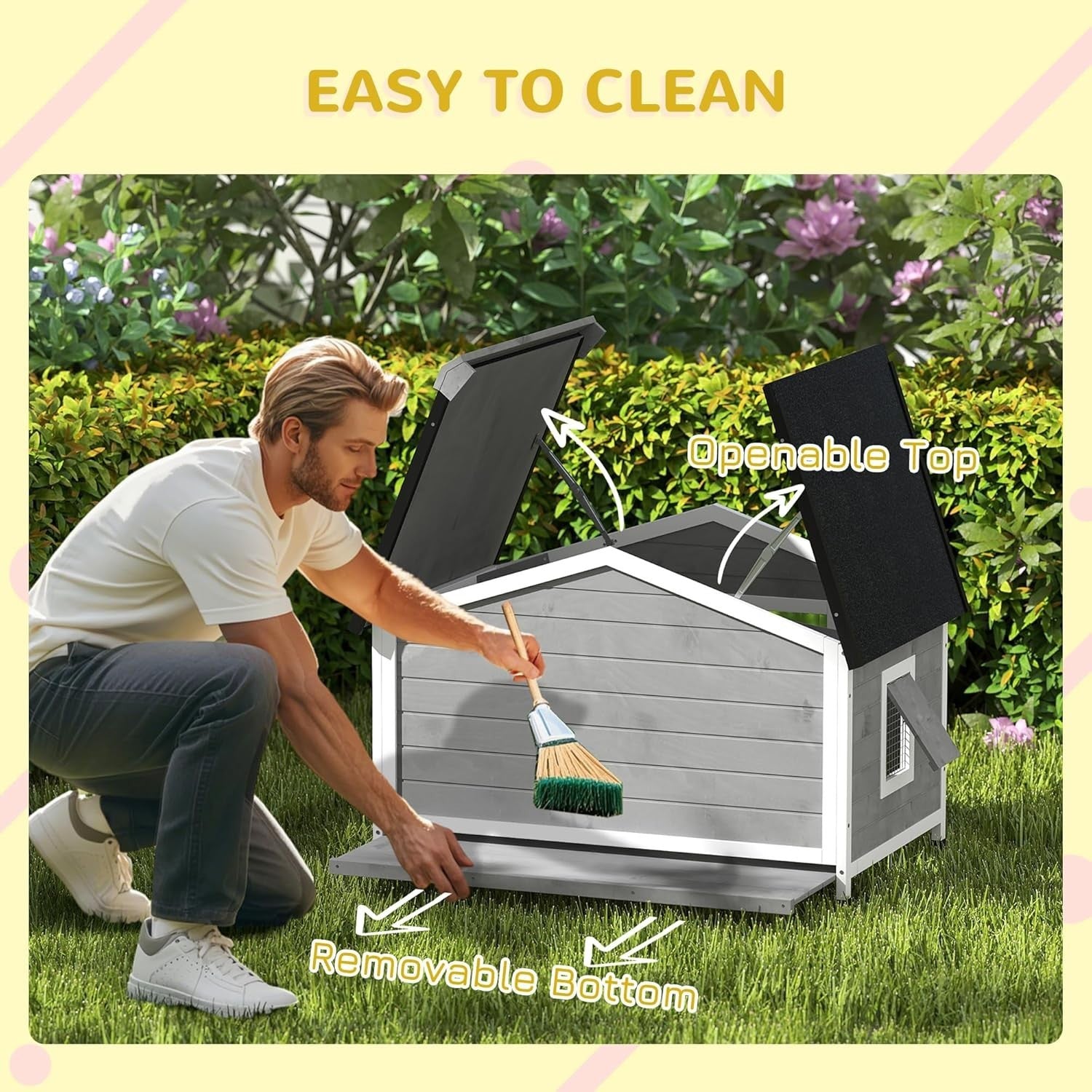 Outdoor Wooden Dog Kennel with Raised Base & Ventilated Roof 109x79x72cm Grey