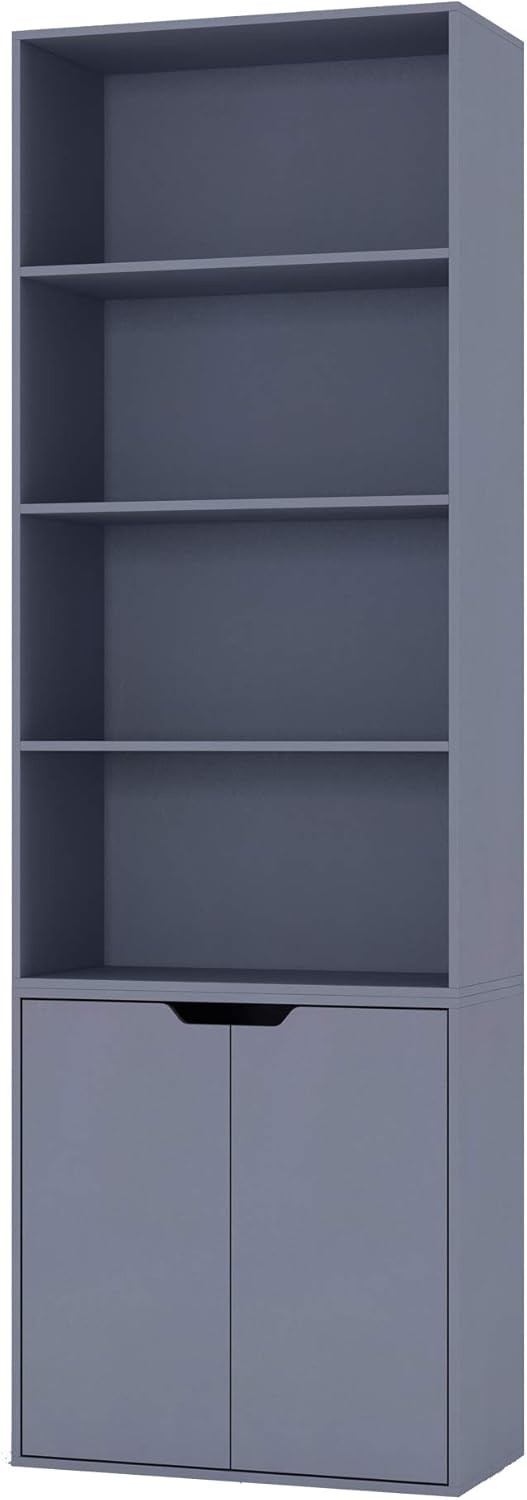 Grey 6 Tier Bookcase with Cupboard Modern Storage Shelf 29D x 58.5W x 180H