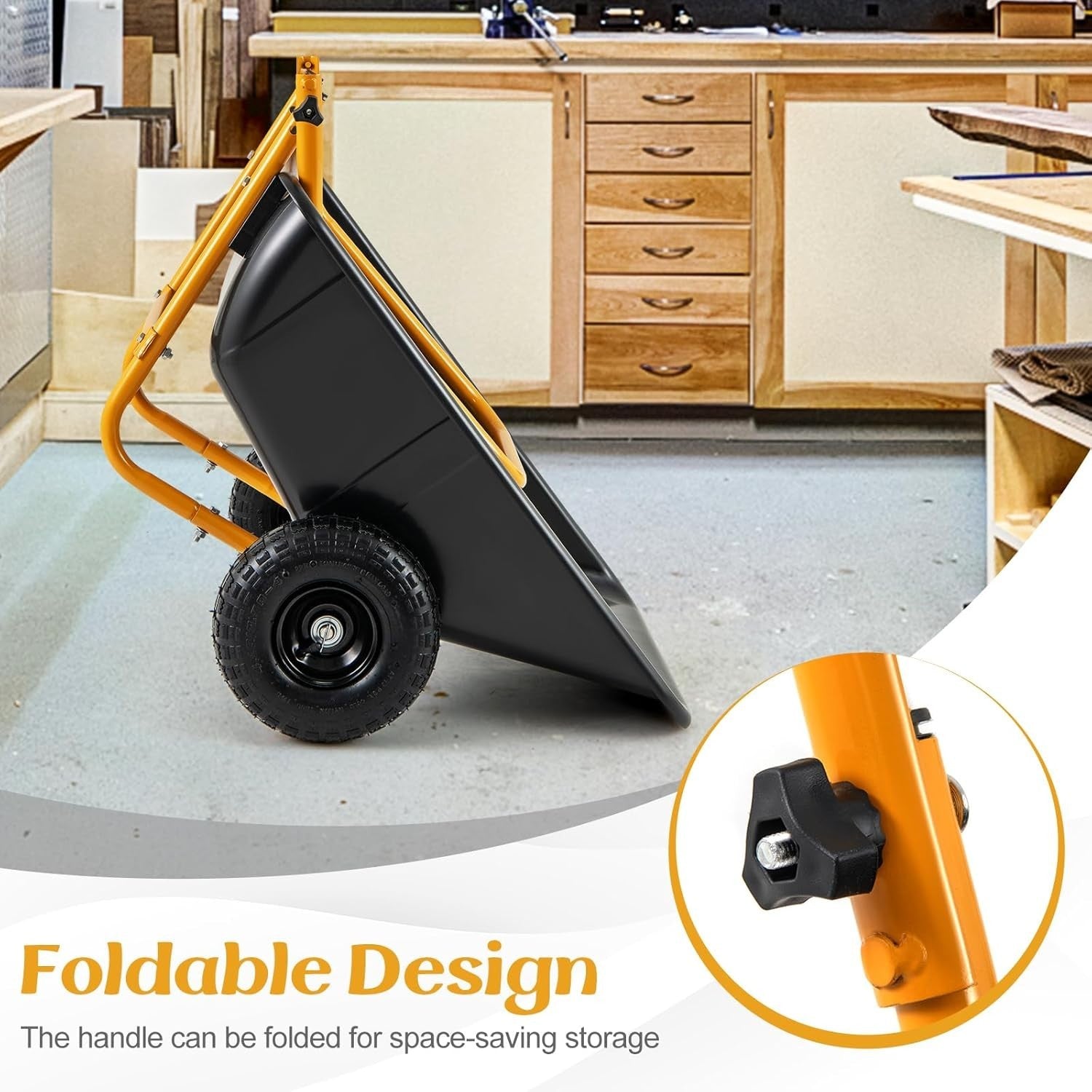 80L 2-Wheel Garden Wheelbarrow Black – Foldable Handle w/ Pneumatic Tyres 100kg
