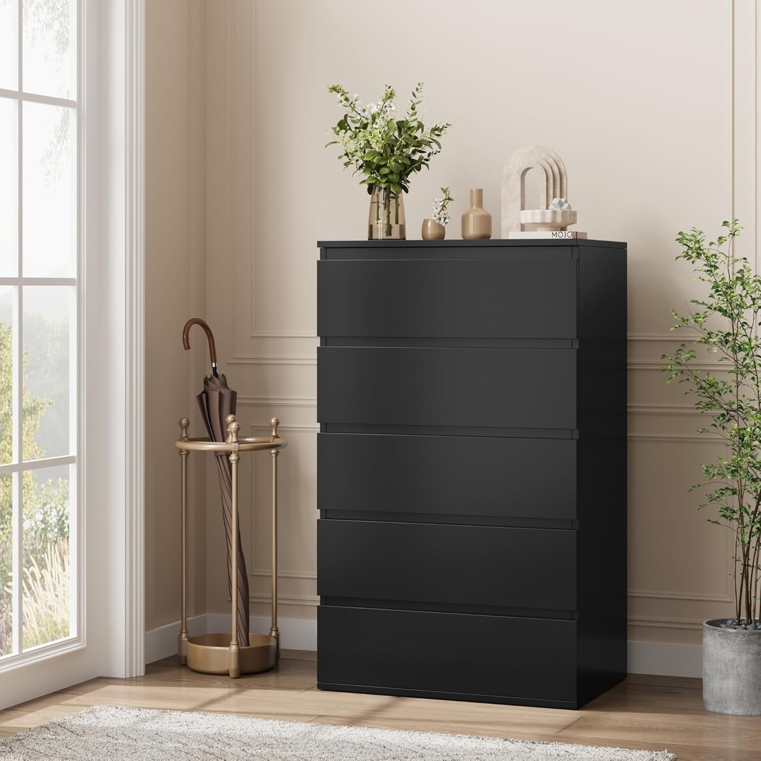Black 5 Drawer Tall Chest Storage Cabinet Bedroom Organizer Furniture Unit