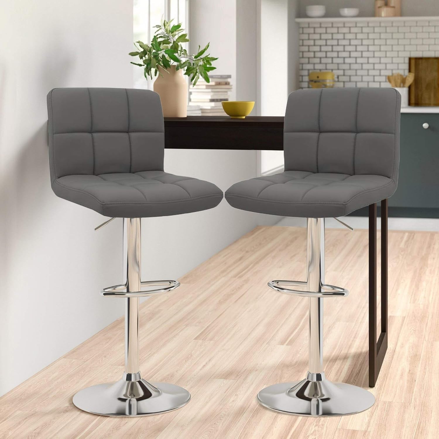 Adjustable Swivel Bar Stools Set of 2 | Dark Grey Faux Leather Chrome