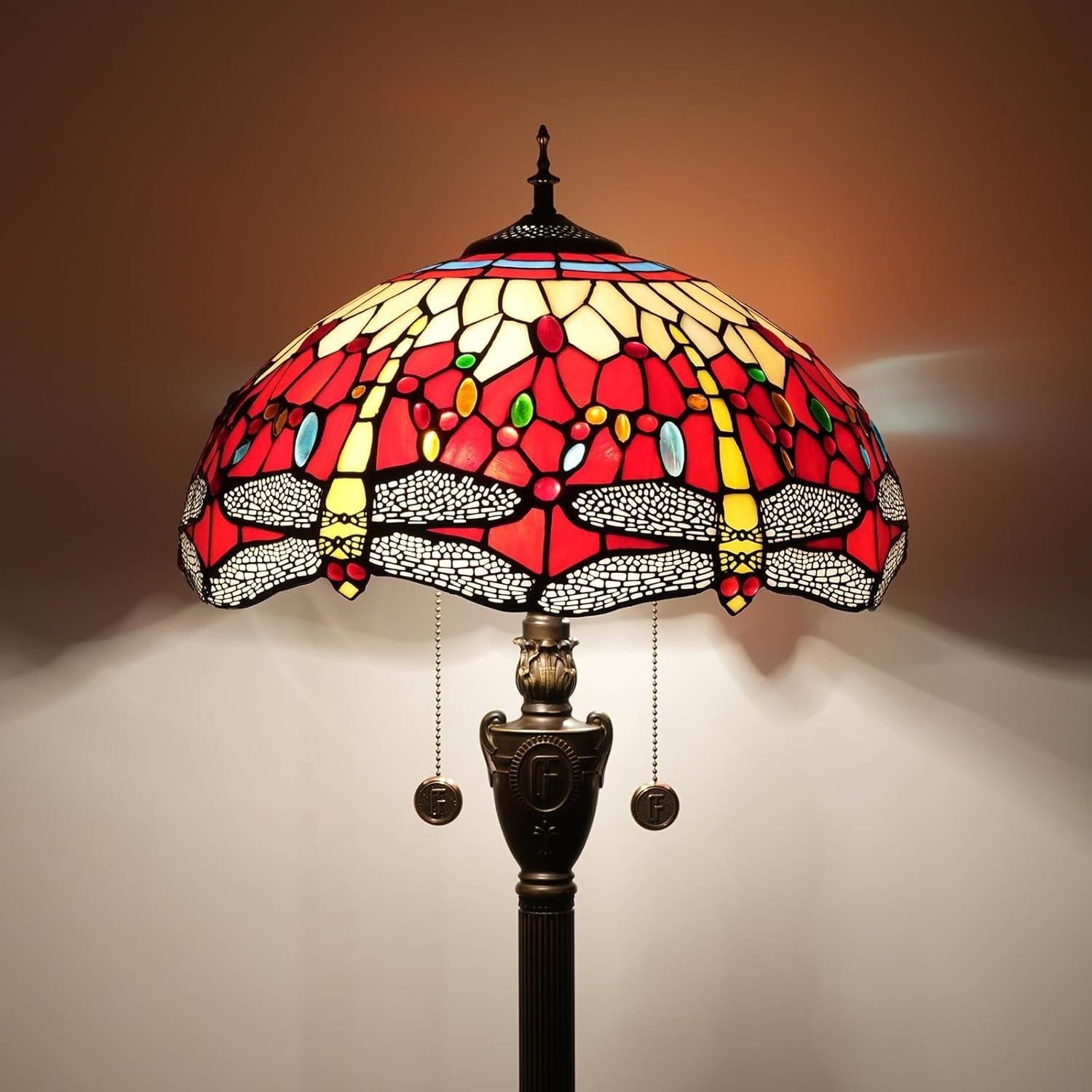 Red Dragonfly Stained Glass Floor Lamp with Vintage Bronze Base & Foot Switch