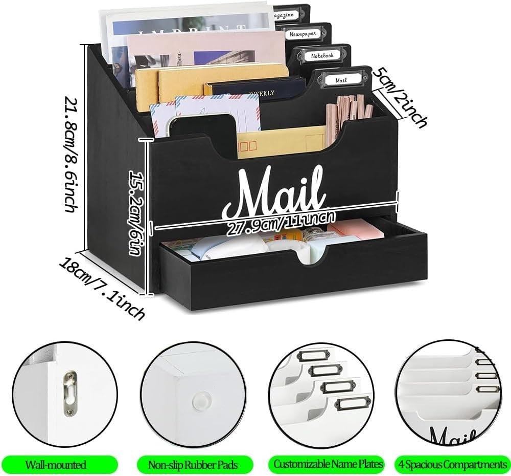 Black Wood Desktop Mail Organizer with 4 Compartments & Drawer