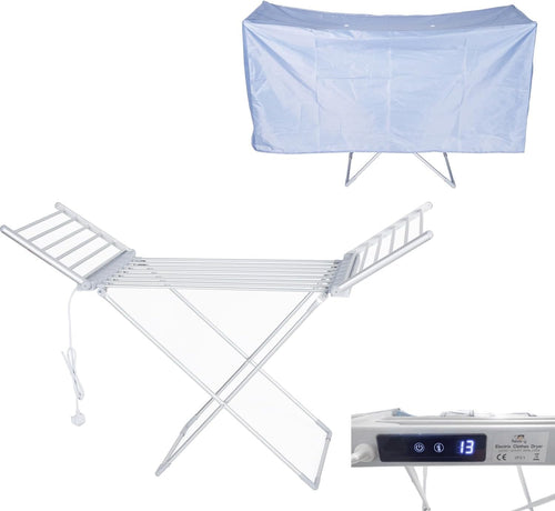 230W Heated Clothes Airer With Cover Touch Screen Timer 20 Bars Folding