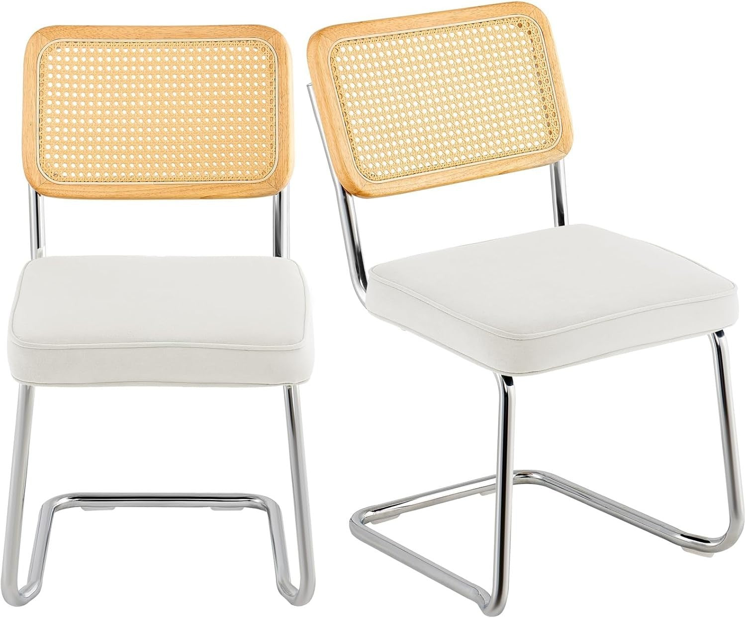 Set of 2 Rattan Dining Chairs Cushioned Modern Kitchen Seating White Upholstery