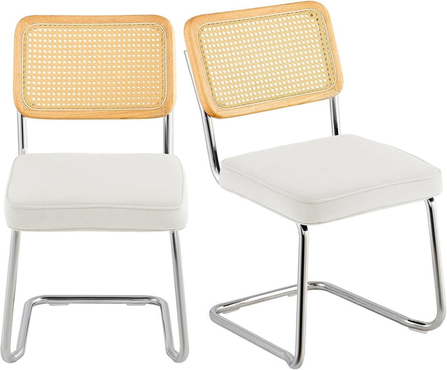 Set of 2 Rattan Dining Chairs Cushioned Modern Kitchen Seating White Upholstery