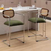 Bar Stools Set of 2 Green Linen Rattan Back Counter Chairs