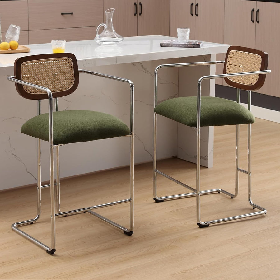 Bar Stools Set of 2 Green Linen Rattan Back Counter Chairs