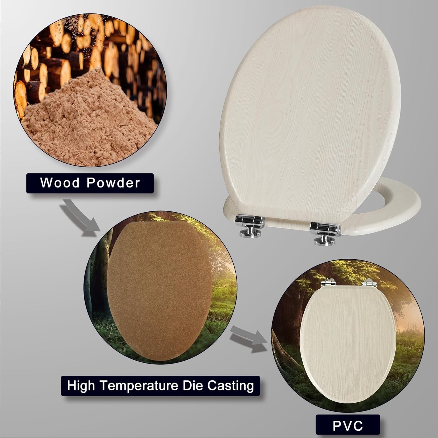 Wooden Toilet Seat Soft Close Quick Release Oval Creamy White Oak 45x37cm