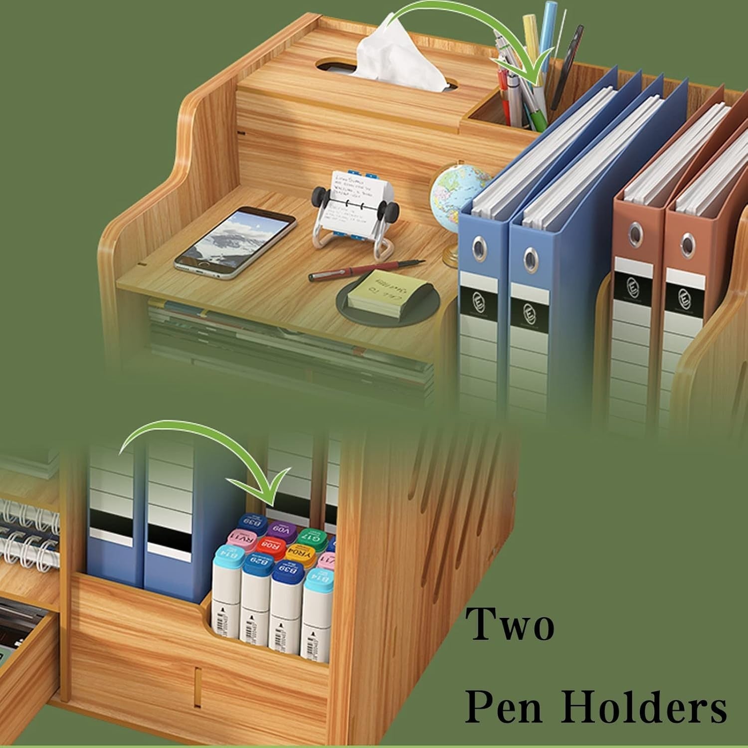 Wood Desk Organiser with Drawer 9-Compartment Desktop Storage Brown