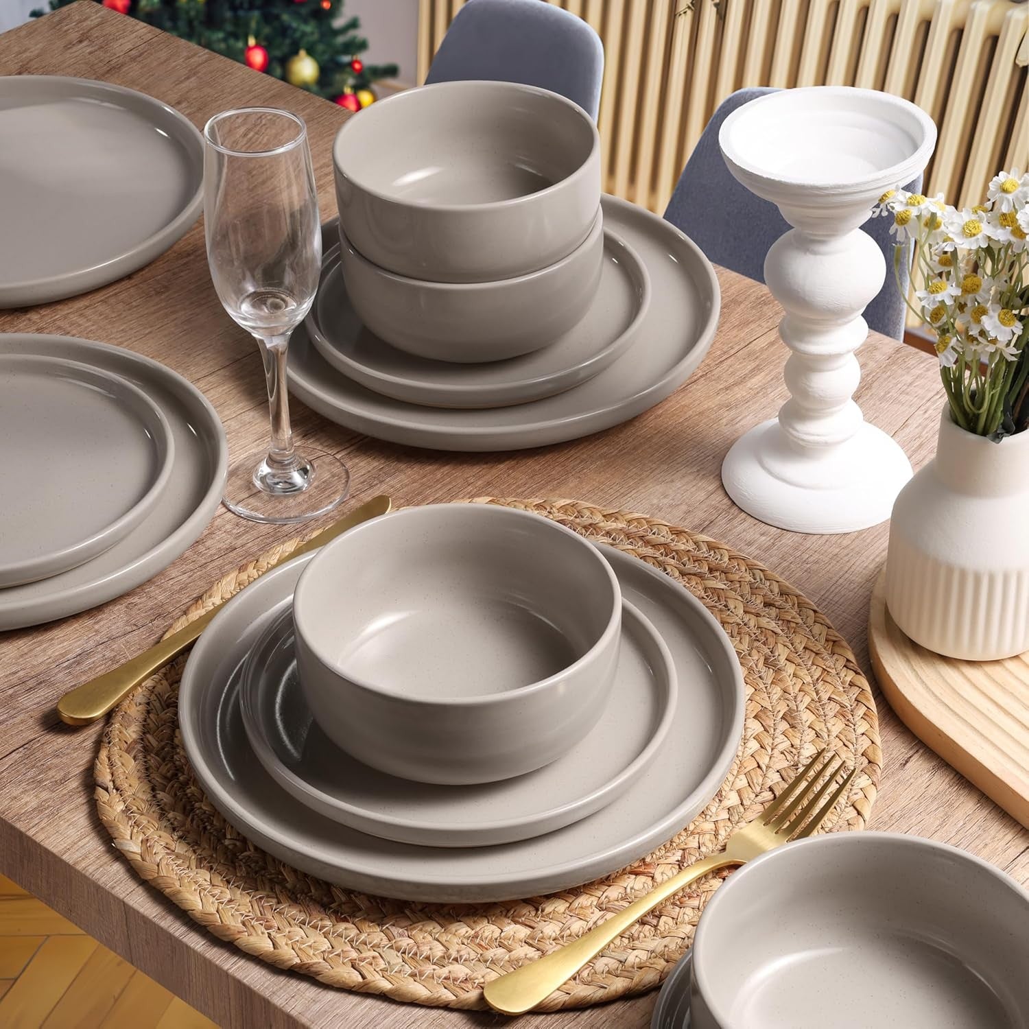 6pc Stoneware Dinnerware Set Plates Bowls Speckled Cream for 2
