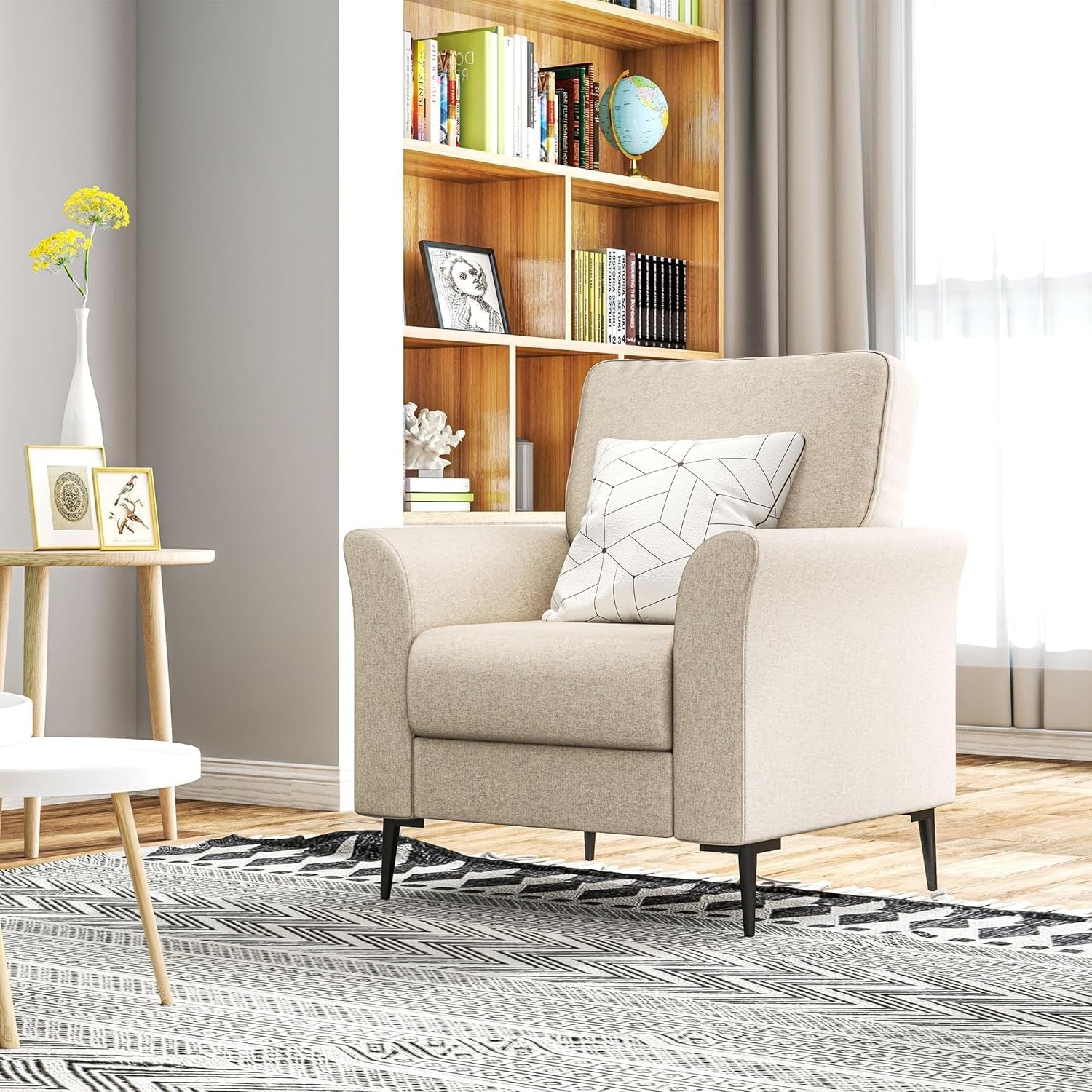 Beige Linen Armchair with Padded Seat & Metal Legs for Lounge or Office