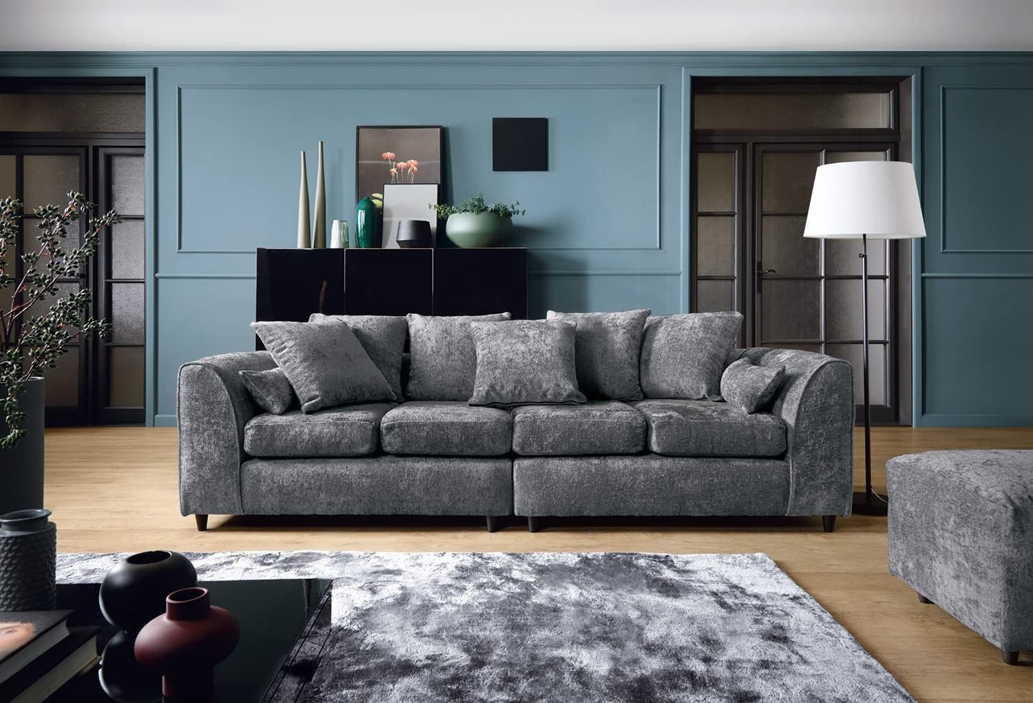 Deep Cushioned 4-Seater Sofa Grey Chenille Fabric Spacious Family Comfort