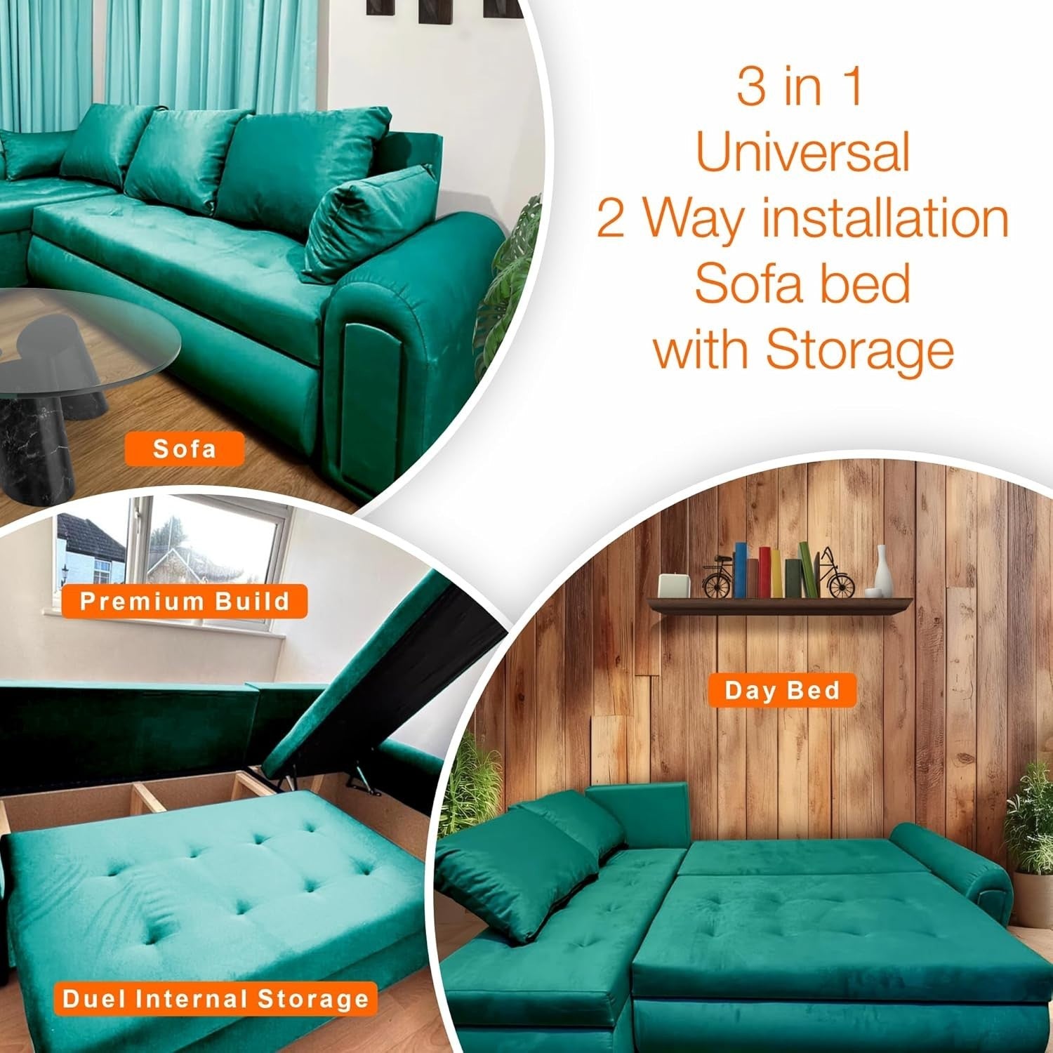 Green Velvet L-Shaped Sofa Bed w/ Storage & Pull-Out Sleeper 4 Seater