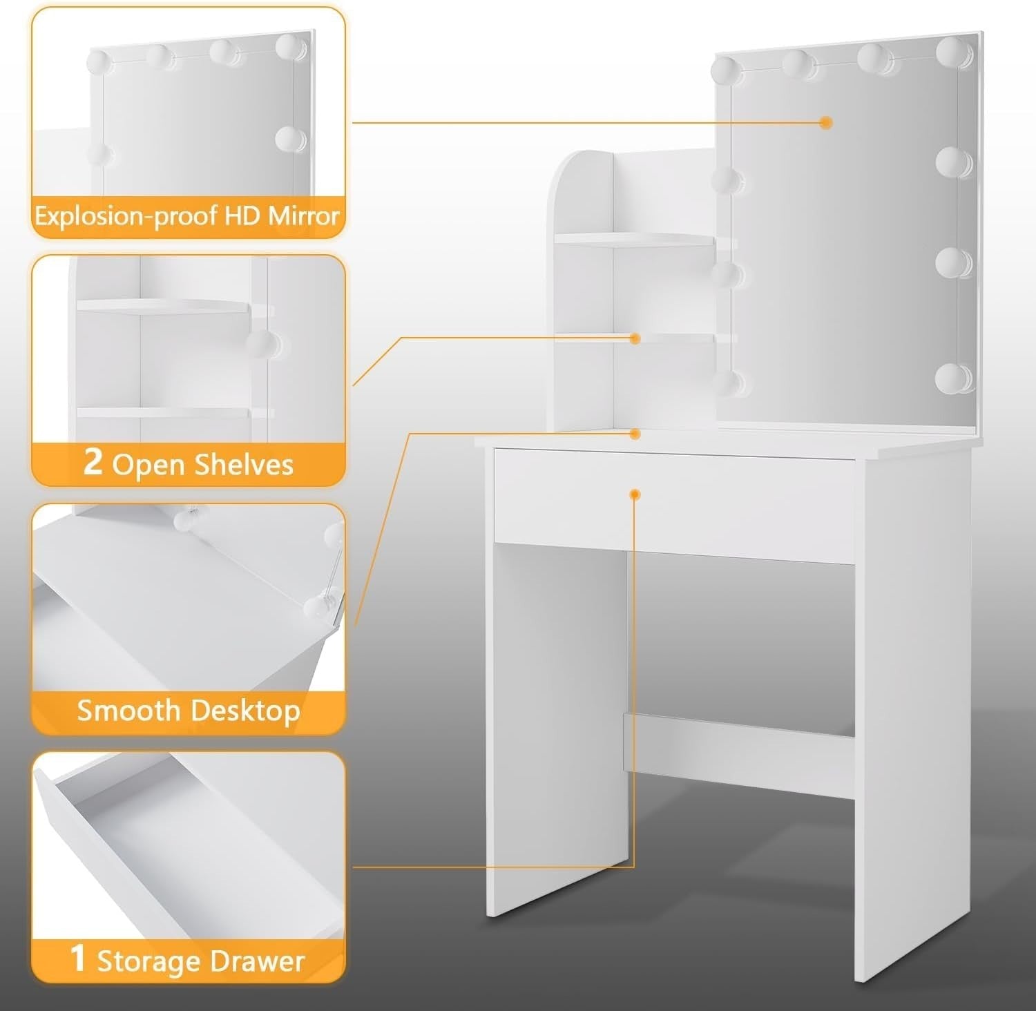 Hollywood LED Vanity Dressing Table Makeup Desk Mirror Stool Drawer Shelves Set
