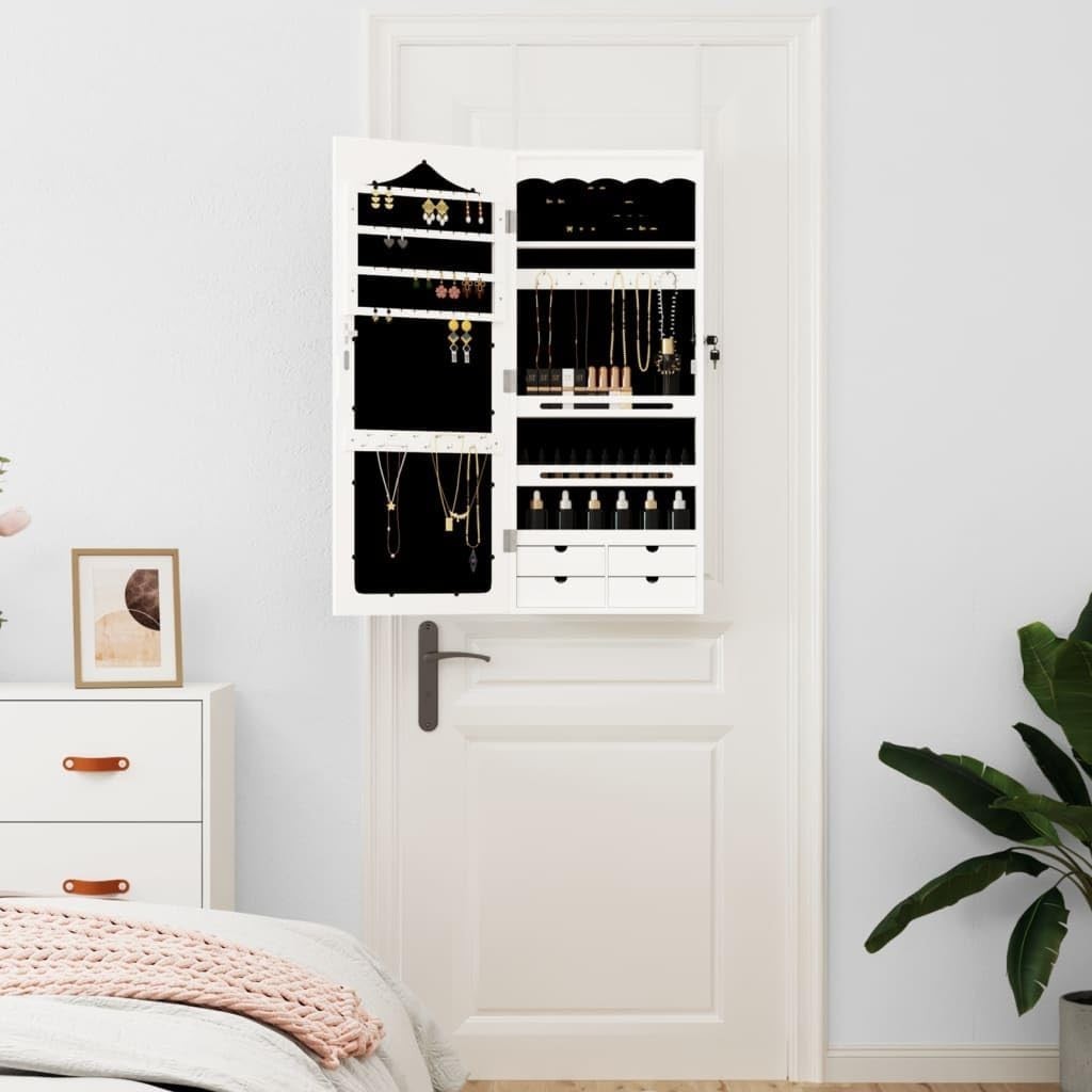 Lockable Wall Mounted Jewelry Cabinet Mirror Slim Storage Organizer White