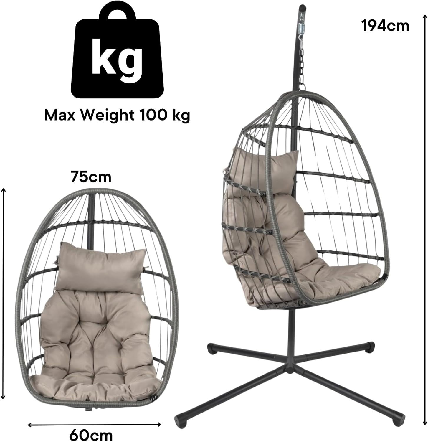 Hanging Egg Chair with Cushion Freestanding Rattan Swing Indoor Outdoor