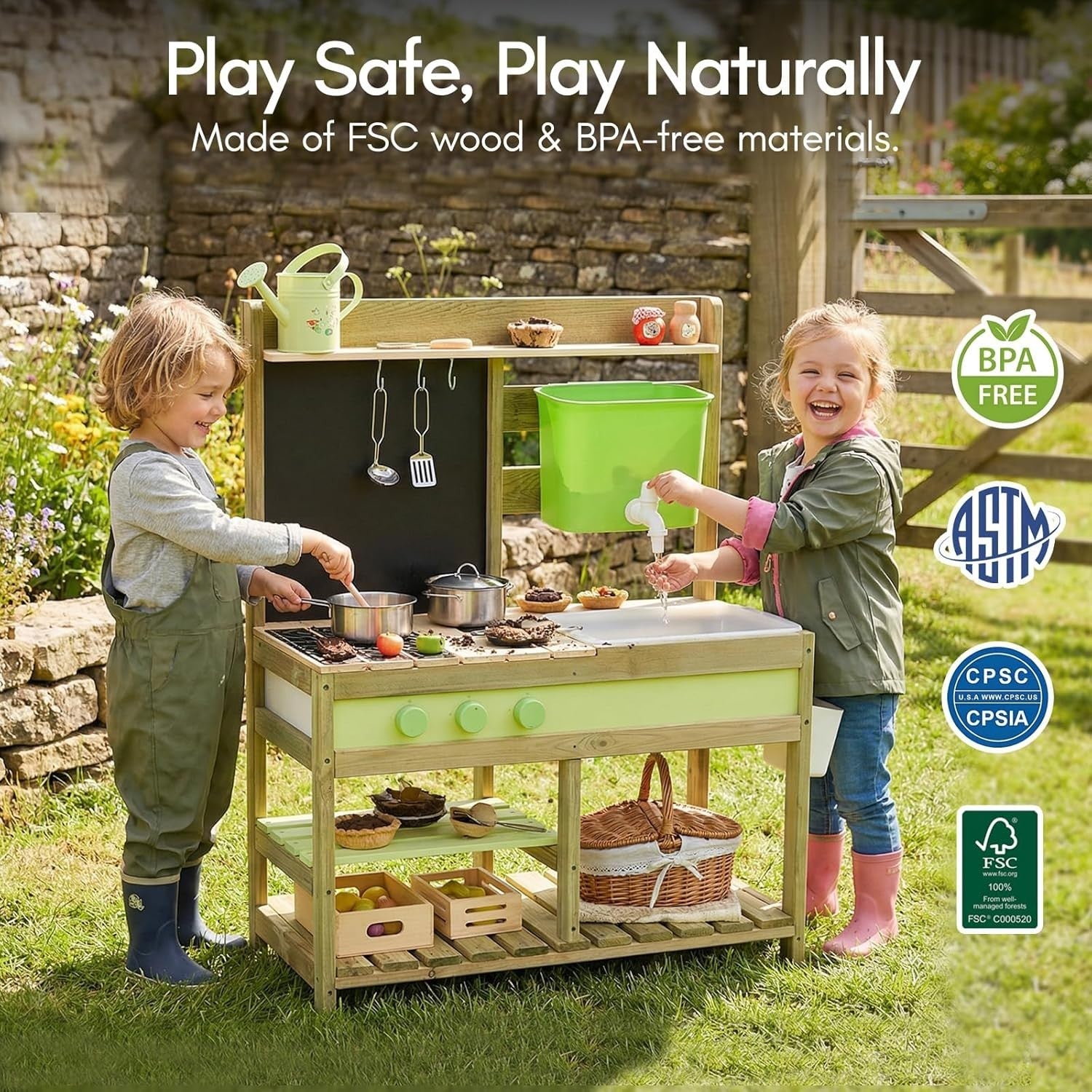 Outdoor Mud Kitchen for Kids Wooden Playset w/ Water Tank BBQ