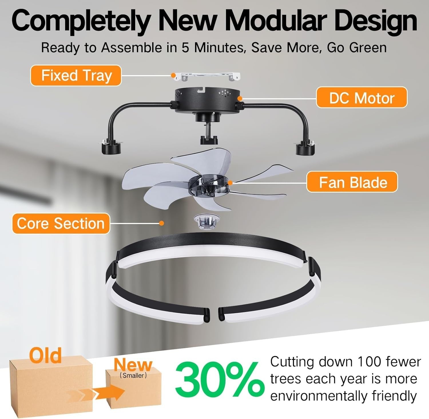 50CM Ceiling Fan with Light, 6-Speed, Remote, Reversible, Black, LED