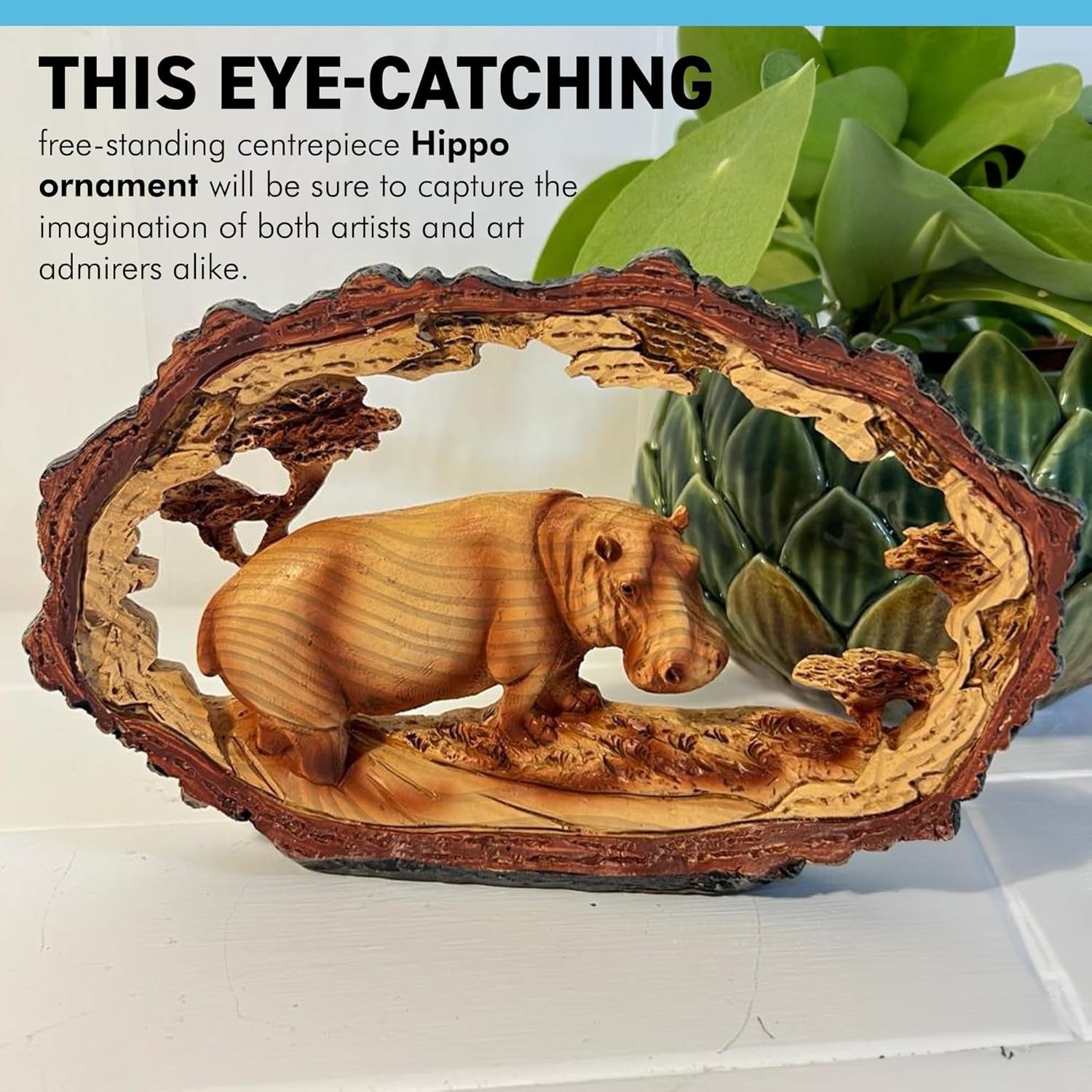 Graceful Hippo Ornament Wood-Effect Resin | Wildlife Home Decor Gift 18cm