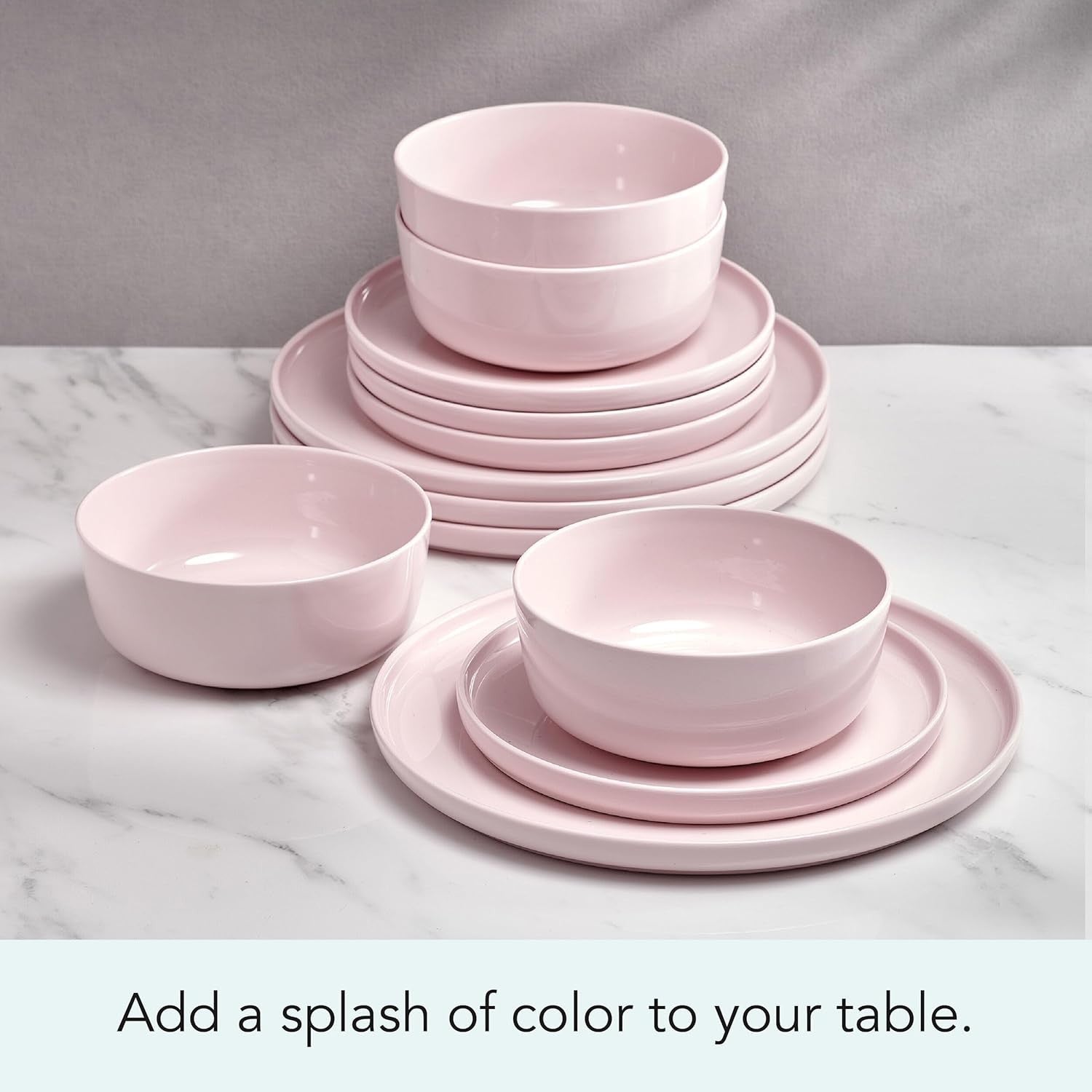 12pc Bone China Dinnerware Set Pink Lightweight Plates Bowls Service for 4