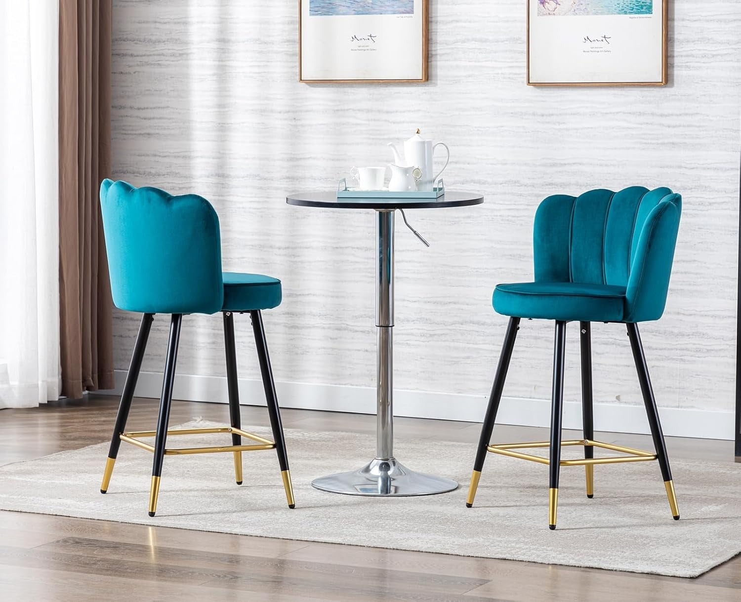 Teal Velvet Bar Stools Set of 2 – Kitchen Counter Chairs