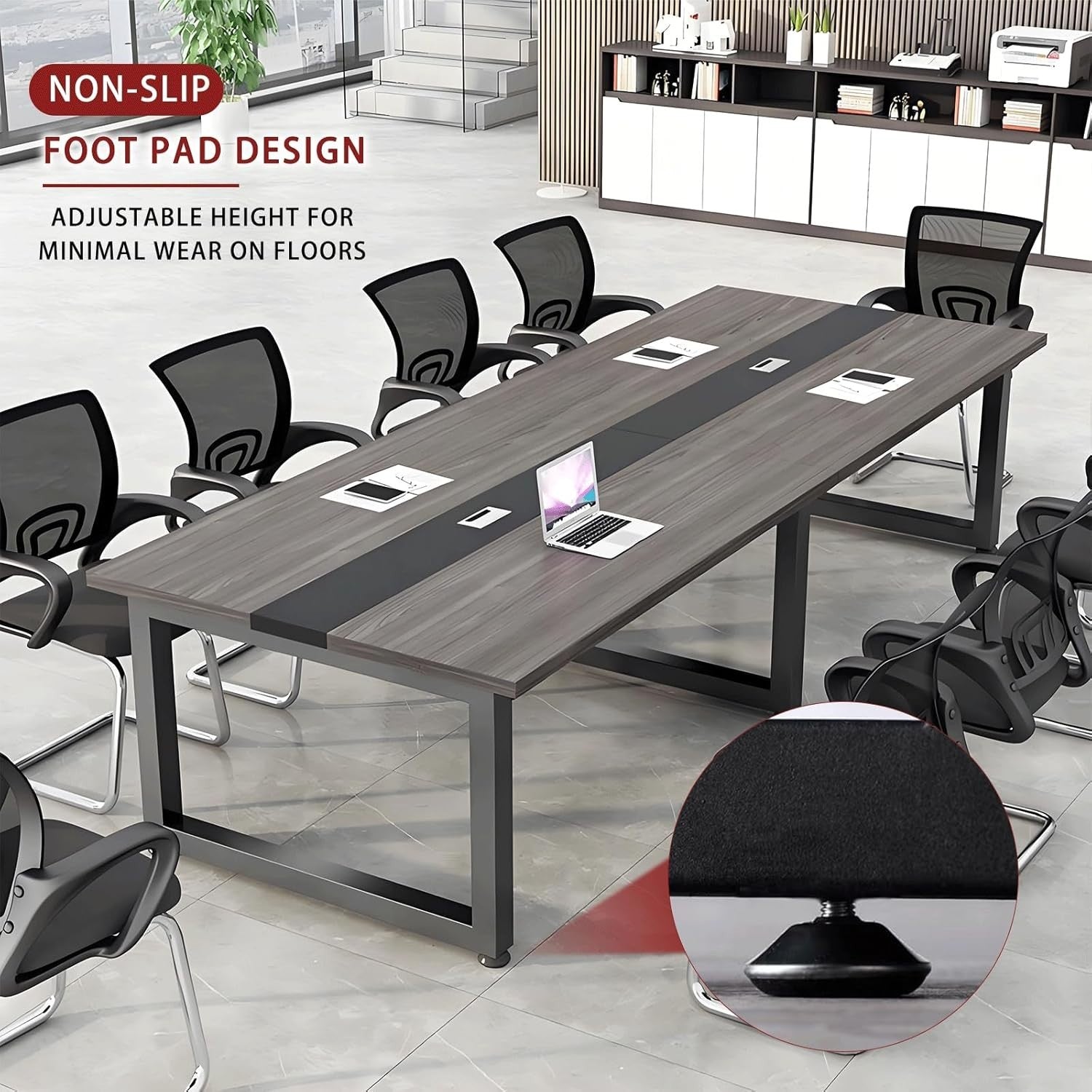 200x100cm Black/White Conference Table w/ Cable Ports & Adjustable Feet