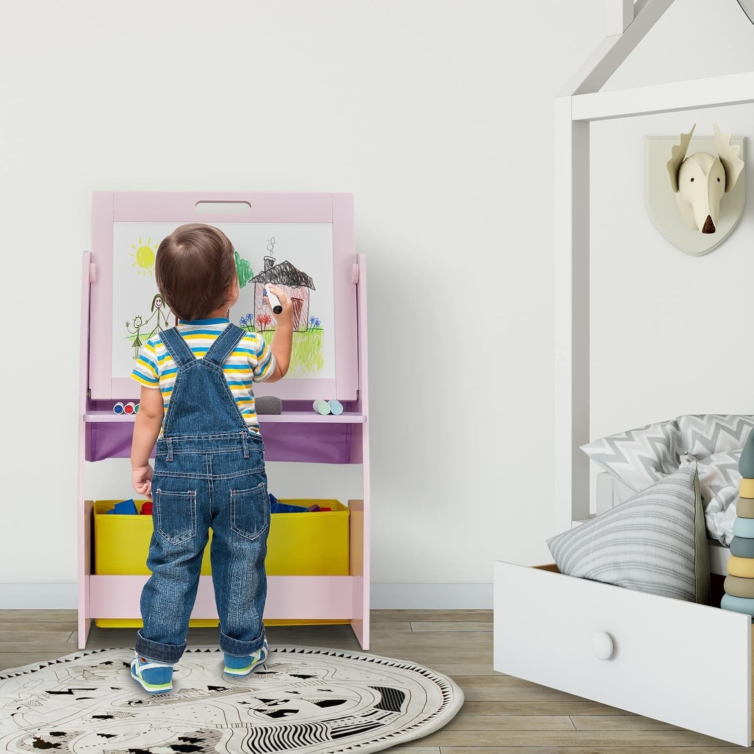 Kids 3in1 Furniture Set Toy Shelf Blackboard Whiteboard Stool Storage Pink