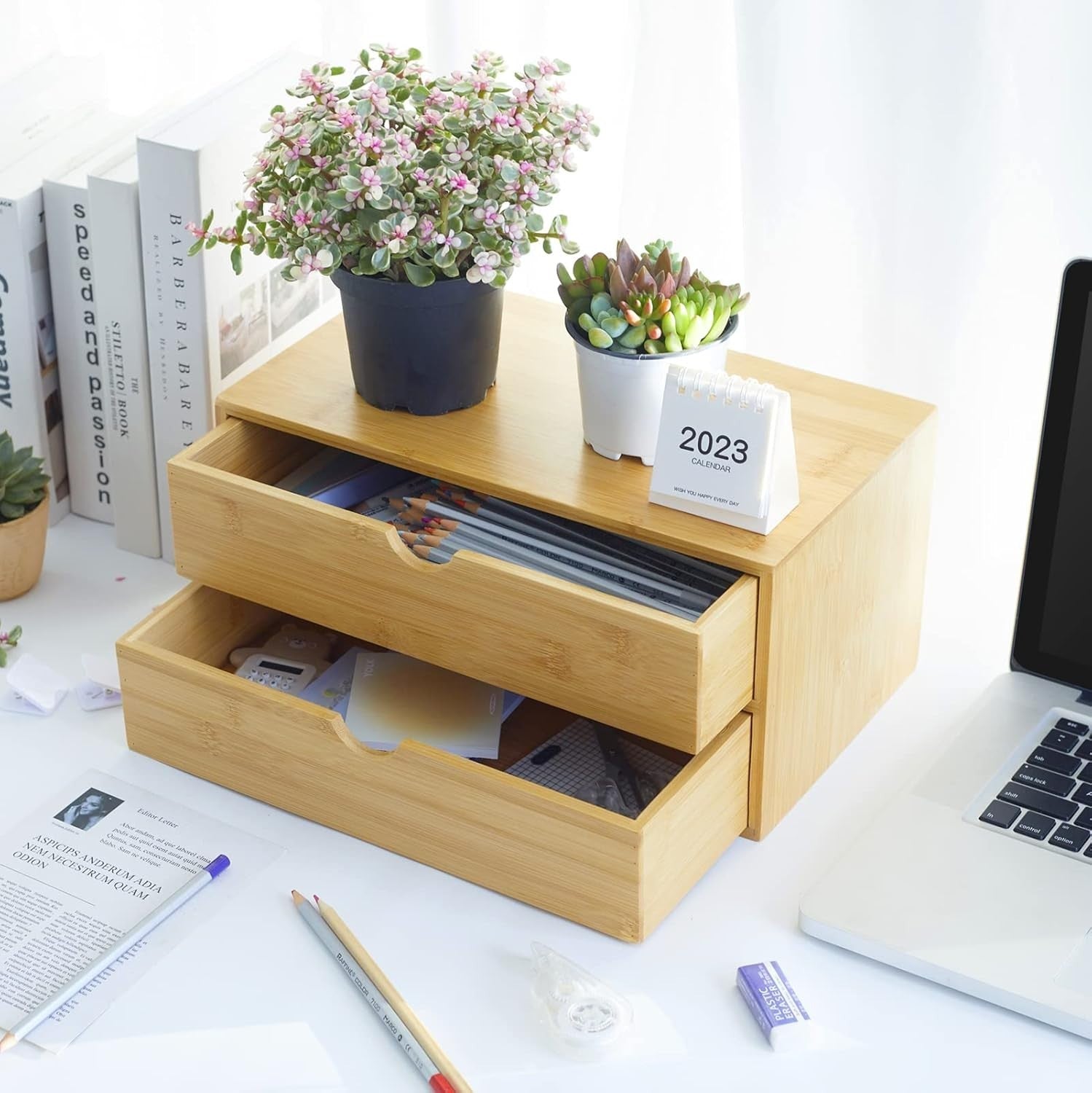 Bamboo Desk Organizer with 2 Drawers | Countertop Storage for Office/Home