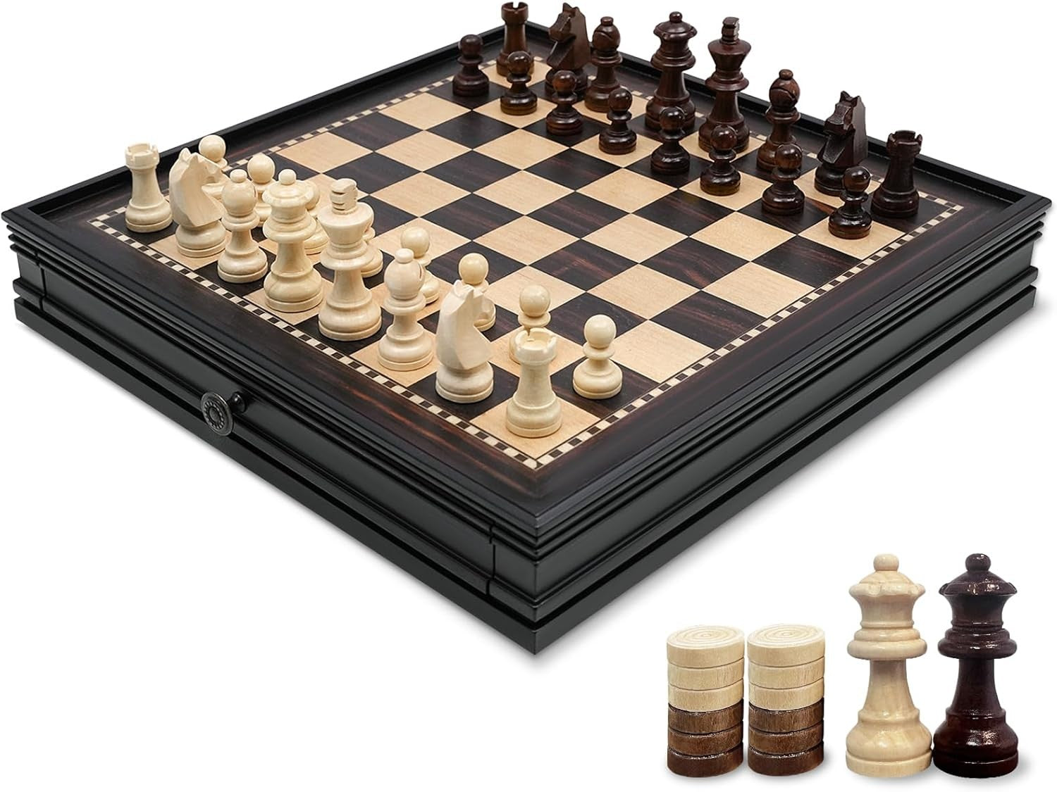 32cm Magnetic Wooden Chess Set Drawer Storage 2-in-1 Chess & Checkers
