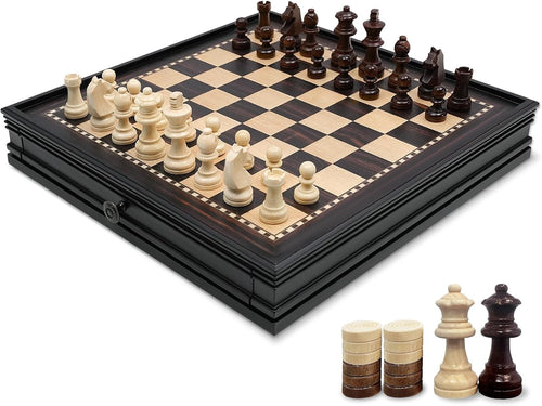 32cm Magnetic Wooden Chess Set Drawer Storage 2-in-1 Chess & Checkers