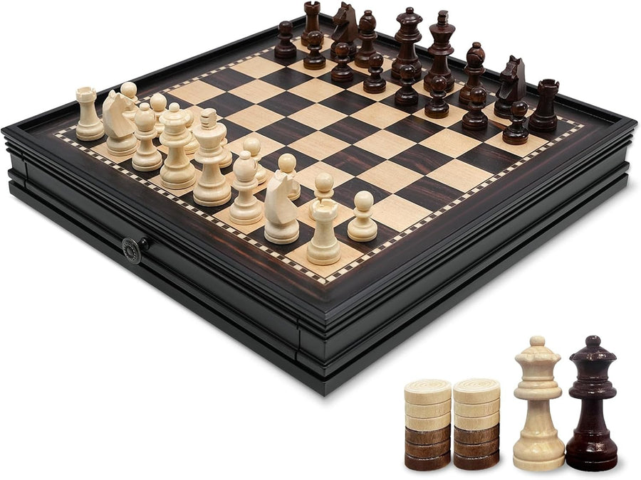 32cm Magnetic Wooden Chess Set Drawer Storage 2-in-1 Chess & Checkers