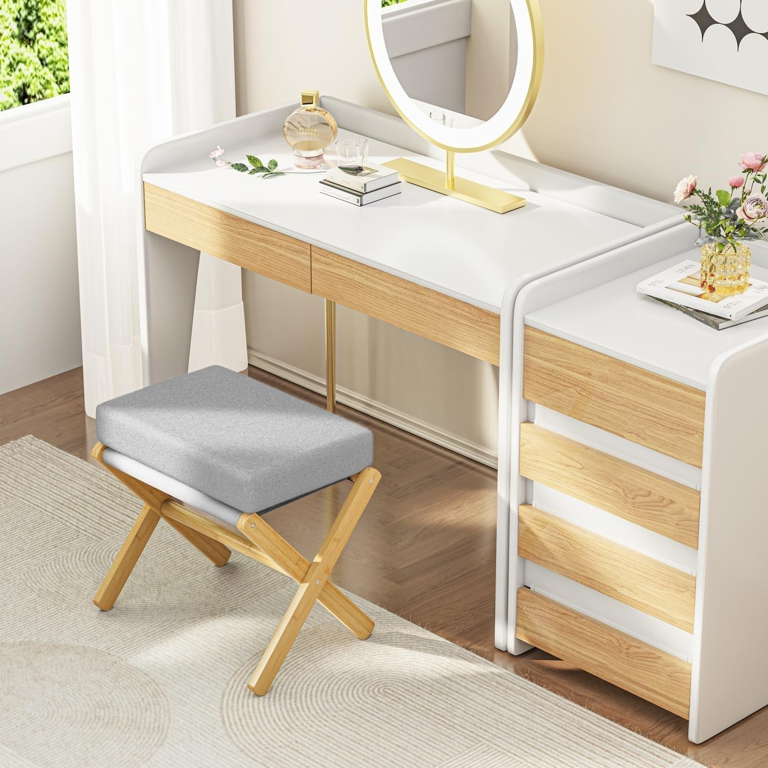 Natural Bamboo Foldable Footstool with Grey Cushion & X-Leg Footrest Design