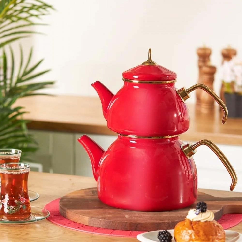 Red Enamel Turkish Tea Kettle Set 1.1L Teapot 2.3L Induction Safe