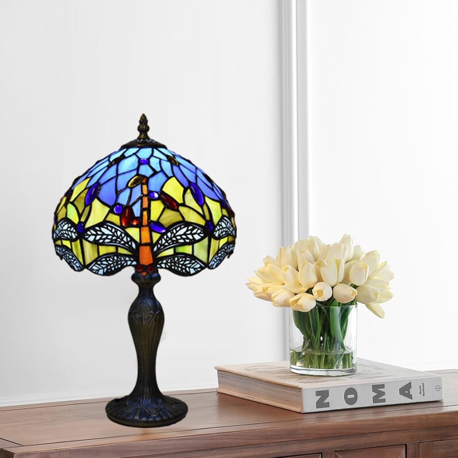 Antique Tiffany Table Lamp with Stained Glass Floral Shade, 42cm Tall