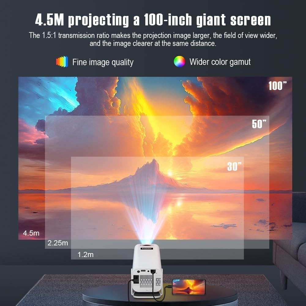 4K Smart Mini Projector WiFi 6 Bluetooth Android Portable White