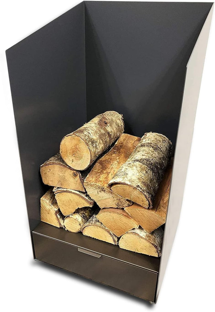 Firewood Log Holder with Drawer Indoor Steel Wood Storage Rack Modern