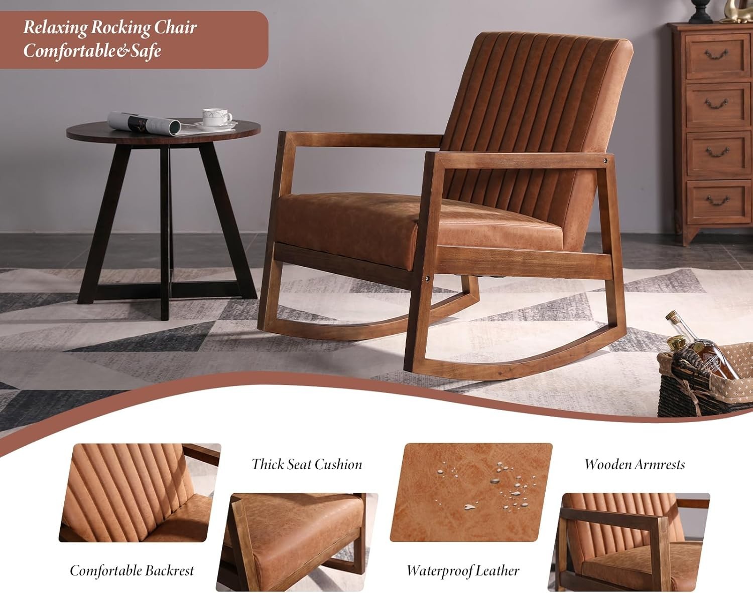 Retro PU Leather Rocking Chair Walnut Wood Frame Comfortable Reading Seat