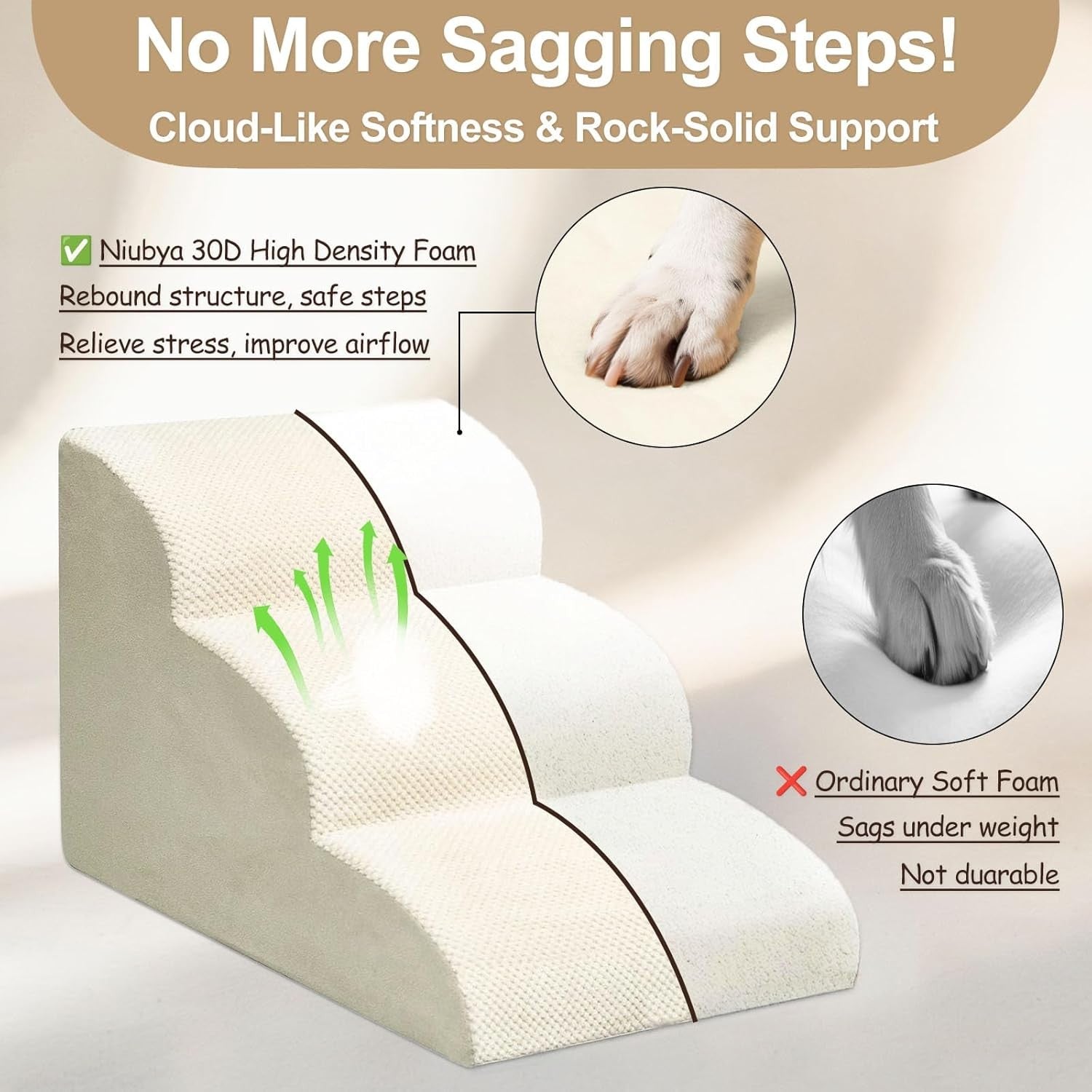 3 Step Dog Stairs Foam Pet Ramp for Sofa Bed Non Slip Beige