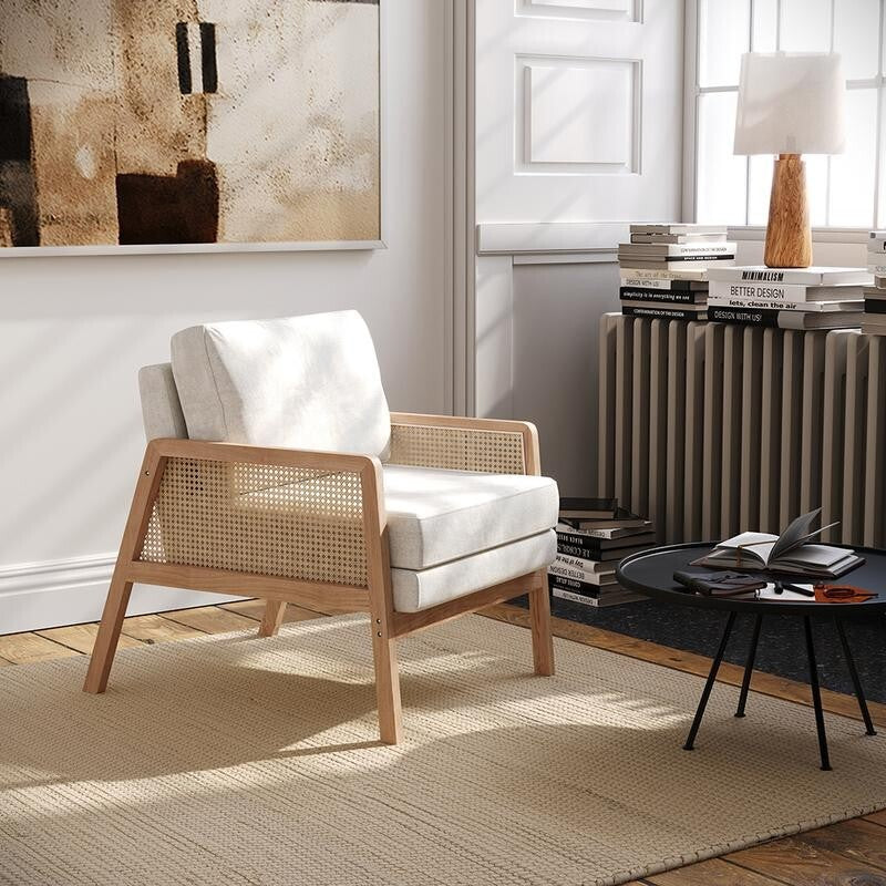 Beige Rattan Armchair with Cushions – Wooden Lounge Chair for Living Room