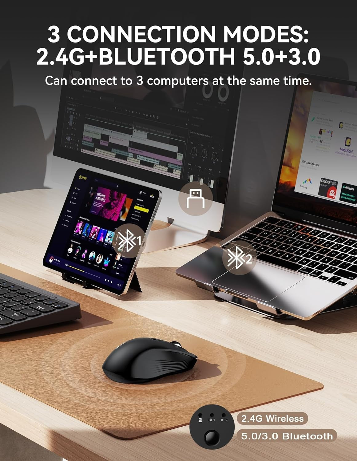 Wireless Silent Mouse Tri-Mode Bluetooth 2.4G USB 4800DPI Laptop PC