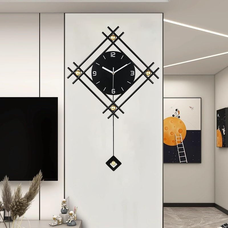 Modern Black Minimalist Pendulum Wall Clock – Silent Large Metal Decor 66×47cm
