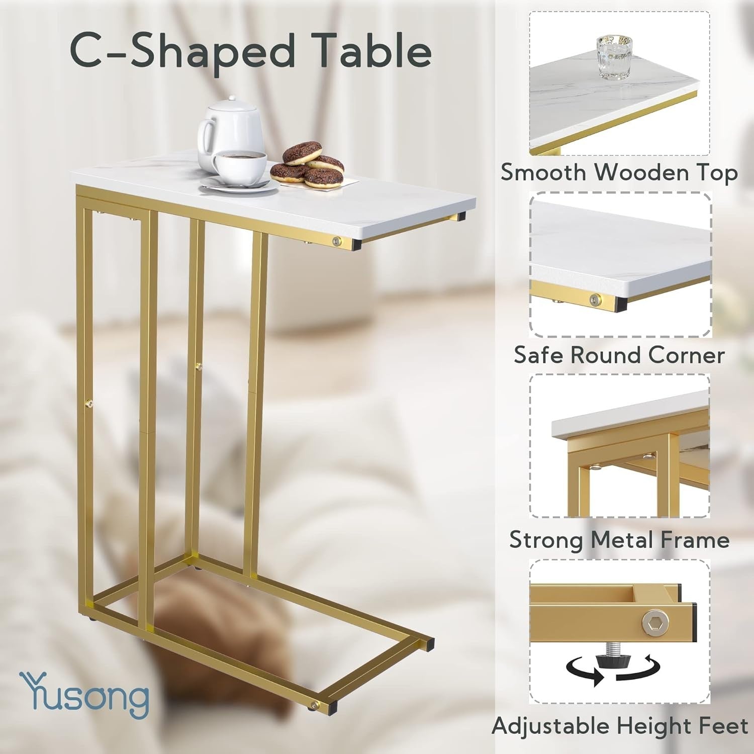 Slim C-Shaped Side Table with Marble Top, Slide Under Sofa Bed, Stylish & Sturdy